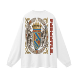 God Fndmntls Long Sleeve Crest Shirt featuring a white long-sleeve design with heraldic details