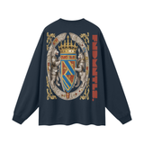 Navy long sleeve shirt with heraldic crest design from God Fndmntls Long Sleeve Crest Shirt collection