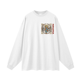 White long sleeve god fndmntls long shirt with crest design, perfect for casual wear