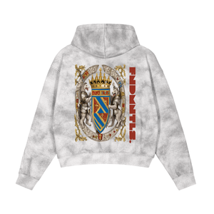 Gray tie-dye hoodie with heraldic design from God Fndmntls, a stylish zip-up hoodie