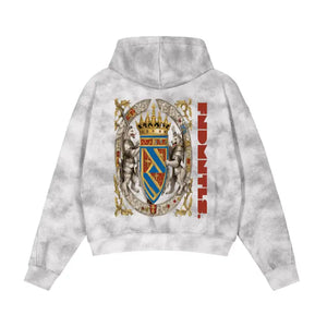 Gray tie-dye hoodie with heraldic design from God Fndmntls, a stylish zip-up hoodie