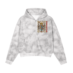 God Fndmntls gray tie-dye zip-up hoodie displayed in size inches cm