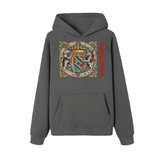 Gray hoodie with crest from God Fndmntls Raglan Sleeve Heraldic Hoodie collection