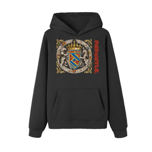 Black hooded sweatshirt with heraldic design, part of the God Fndmntls Raglan collection