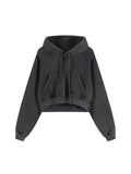 Charcoal-colored snow washed cropped hoodie displayed in a fashionable inch and cm scale