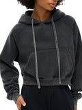 Charcoal-colored snow washed cropped hoodie in 22 inch length, stylish and comfortable