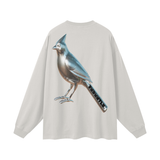 Oat Gray Long Sleeve Graphic Tee with metallic bird graphic featuring chrome cardinals long design