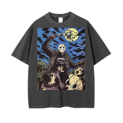 FNDMNTLS. Crystal Lake Vintage Wash Drop Shoulder Graphic T-Shirt - 250 GSM - Heretic - s Streetwear - Casual Fashion - Casual Streetwear -  product_type