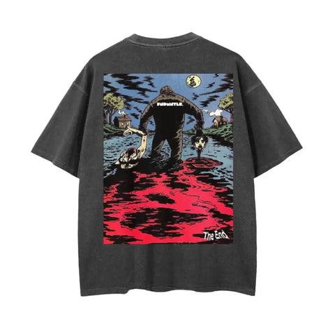 FNDMNTLS. Crystal Lake Vintage Wash Drop Shoulder Graphic T-Shirt - 250 GSM - Heretic - s Streetwear - Casual Fashion - Casual Streetwear -  product_type