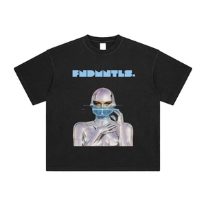 Black graphic t-shirt from Cyborg Fndmntls Enzyme Washed collection featuring a sleek design
