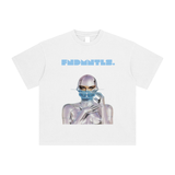 White T-shirt with futuristic woman graphic, Cyborg Fndmntls Enzyme Washed design