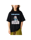 Black graphic T-shirt from Cyborg Fndmntls Kids featuring a modern design