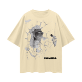 Beige Behold Oversize Skull Graphic Tee with anime print and slight stretch for comfortable fit