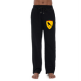 Black drawstring pants with a yellow logo on a white background