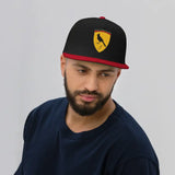 Black and red Ferrari Boys flat brim cap with green undervisor displayed