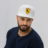 White flat-brimmed Ferrariboys cap with bird emblem and green undervisor