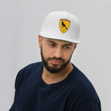 White flat-brimmed Ferrariboys cap with bird emblem and green undervisor