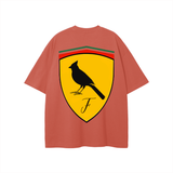 Salmon-colored Ferrari Boys Graphic Bird Emblem Tee displayed in inches and centimeters