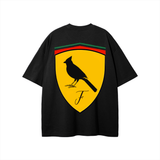 Black t-shirt with Ferrari Boys graphic bird emblem for boys’ apparel