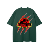 Dark green loose fit graphic t-shirt featuring a Jurassic Park-inspired footprint and T-Rex logo with red claw marks.