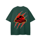 Dark green loose fit graphic t-shirt featuring a Jurassic Park-inspired footprint and T-Rex logo with red claw marks.