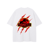 White graphic t-shirt featuring a red Jurassic Park-inspired footprint and FNDMNTLS logo on the back.