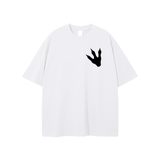 White loose fit graphic t-shirt with black Jurassic Park footprint design on chest, made from 100% cotton.