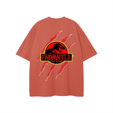 Unisex loose fit graphic t-shirt with FNDMNTLS Jurassic Park footprint design on red cotton fabric