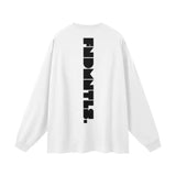 White long-sleeved shirt with vertical black logo heavyweight text and earth tone graphic