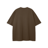 Brown short-sleeved Rodgers Fndmntls Graphic Tee displayed in inches and centimeters