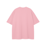 Pink short-sleeved Rodgers Fndmntls Graphic Tee displayed in inches and centimeters