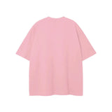Pink short-sleeved Rodgers Fndmntls Graphic Tee displayed in inches and centimeters