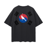 Black Seoul Fndmntls Oversize Graphic Korea Tee with Korean flag design alt text