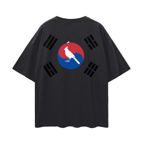 Black Seoul Fndmntls Oversize Graphic Korea Tee with Korean flag design alt text