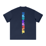 Navy blue T-shirt with colorful vertical text featuring Prizm Logo Graphic Tee In Black