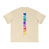 Beige T-shirt featuring colorful vertical Prizm Logo Graphic design, size in inches or cm