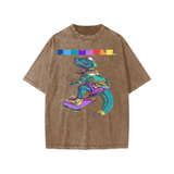 Brown washed kids graphic t-shirt with dinosaur skateboarder design, available in inches and centimeters