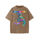 Brown washed kids graphic t-shirt with dinosaur skateboarder design, available in inches and centimeters