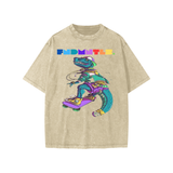 Beige washed kids graphic T-shirt with dinosaur skateboarding design, perfect for boys inches
