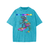 Turquoise washed kids graphic Dino Tee featuring snow washed kids dinosaur skateboarder graphic