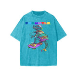 Turquoise washed kids graphic Dino Tee featuring snow washed kids dinosaur skateboarder graphic