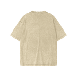 Beige short-sleeved snow washed kids graphic Dino Tee in inches and centimeters