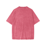 Pink short-sleeved snow washed kids graphic Dino Tee shirt displayed in inches and centimeters