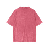 Pink short-sleeved snow washed kids graphic Dino Tee shirt displayed in inches and centimeters