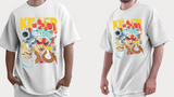 Two people wearing white t-shirts with a colorful graphic design on a white background