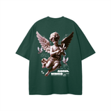 Green T-shirt featuring angel wings Fndmntls graphic design, perfect for subtle style