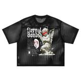 Black mesh T-shirt with graphic design from Eternal Bonds Boxy Net collection