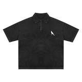 Black heavyweight snow-washed polo t-shirt with bird emblem, stylish inch and cm design