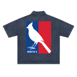Blue heavy-weight snow-washed polo with bird graphic, perfect snow-washed polo T-shirt