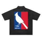 Black heavy weight snow-washed polo with bird graphic, ideal snow-washed polo t-shirt